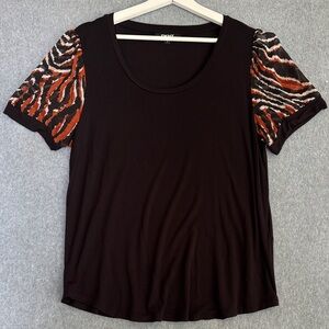 DKNY Black Top with Orange Zebra Print Sleeves